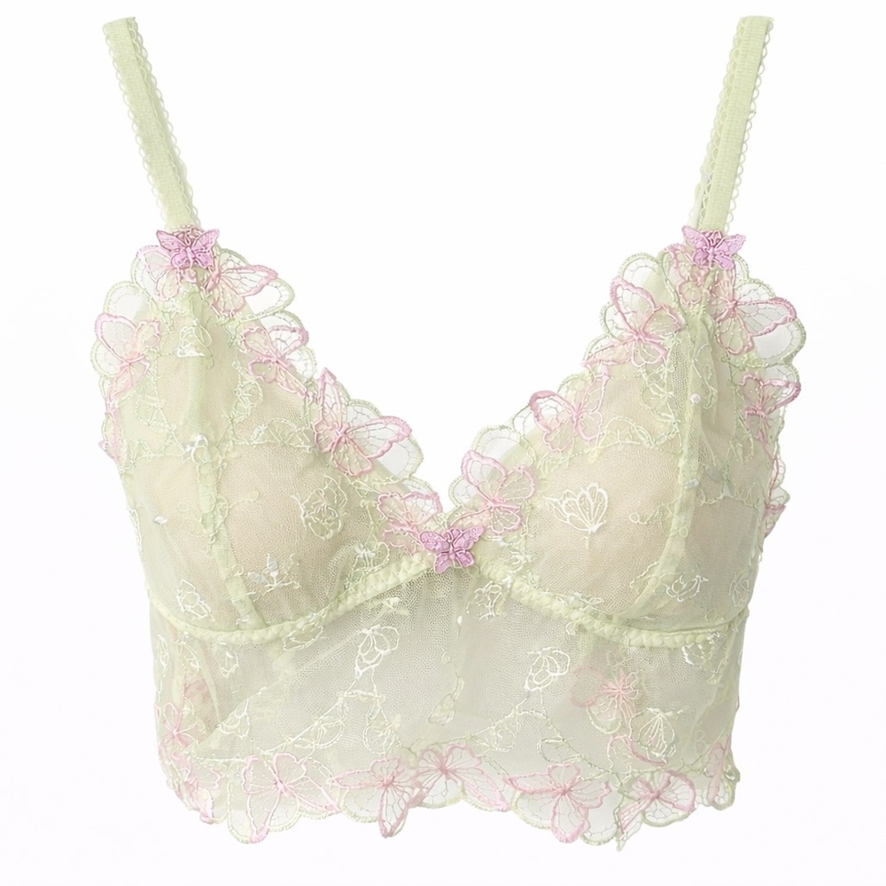 Victoria’s Secret PINK Butterfly Lace Bralette XS Green Pink Sheer Mesh NWOT